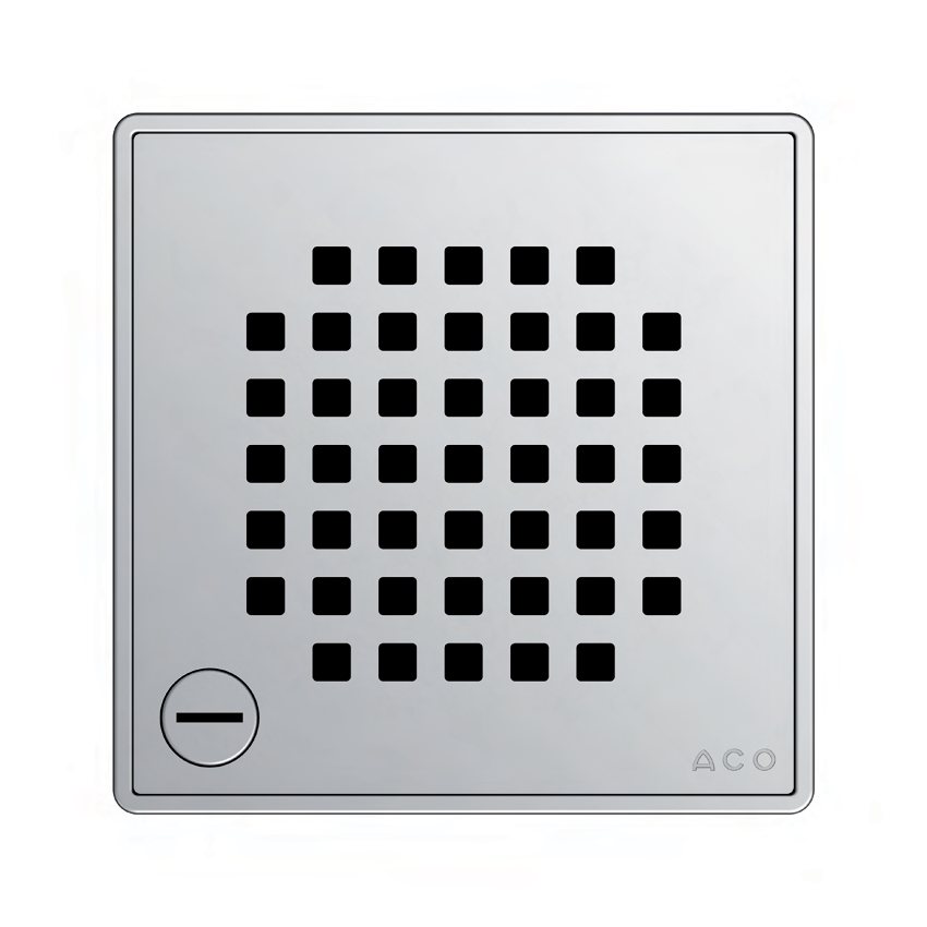 Aco EasyFlow<sup>®</sup> Design Quadrato 140x140 Chrome četvrtasta pokrivna perforirana rešetka za podni slivnik od nerđajućeg čelika debljine 5,5mm sa bravom za zaključavanje 5141.21.22