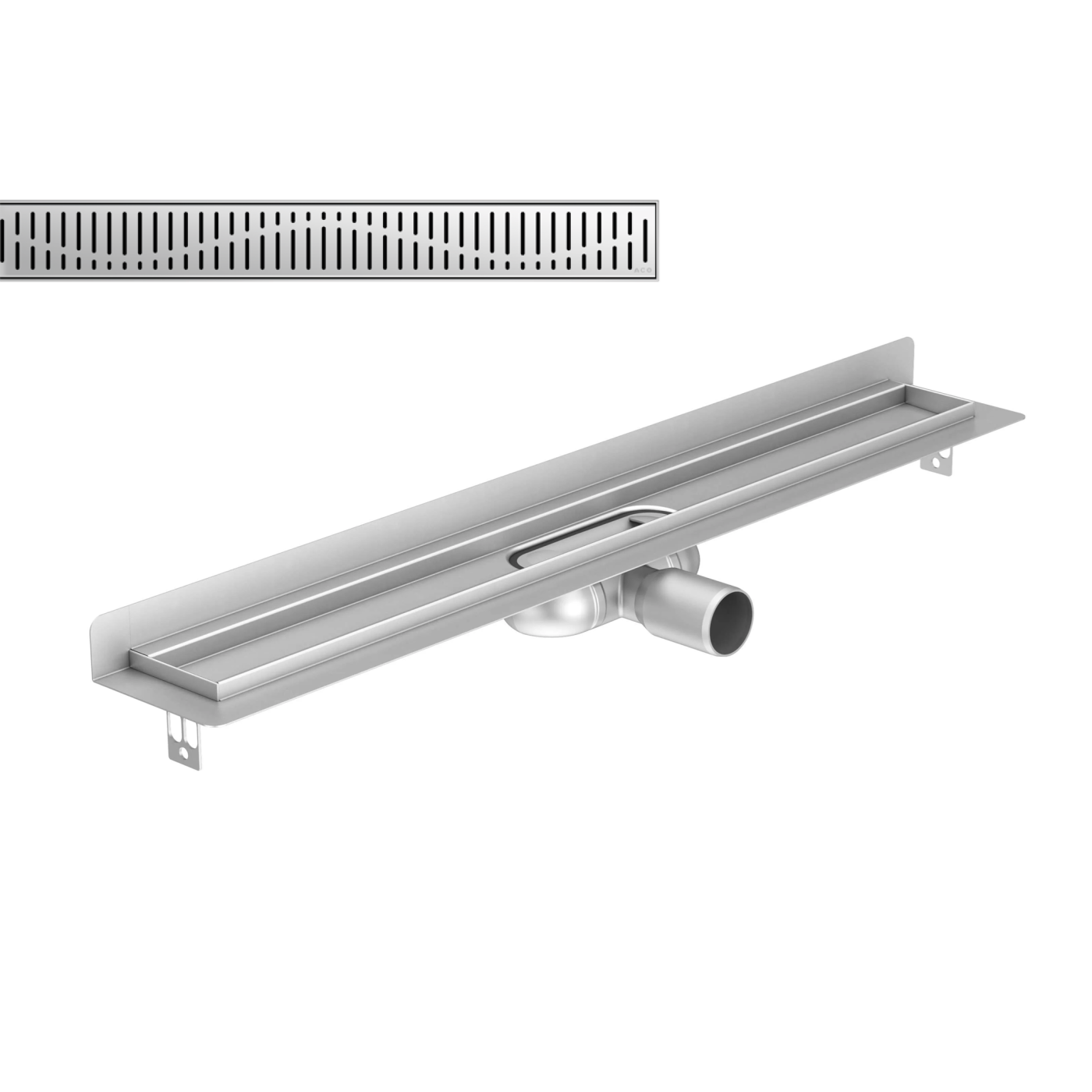 Aco ShowerDrain<sup>®</sup> C 685 Chrome Wave telo kanala sa zidnom prirubnicom, visinom ugradnje 74mm i pokrivnom perforiranom rešetkom od nerđajućeg čelika 9010.88.43