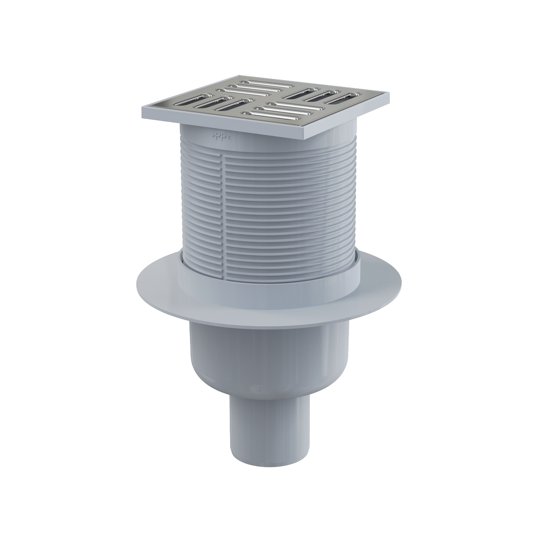 Alca Drain APV2 105x105 Chrome podni slivnik sa visinom ugradnje 138-224mm, mokrim sifonom, pokrivnom perforiranom rešetkom od nerđajućeg čelika debljine 5mm i vertikalnim odvodom Ø50mm