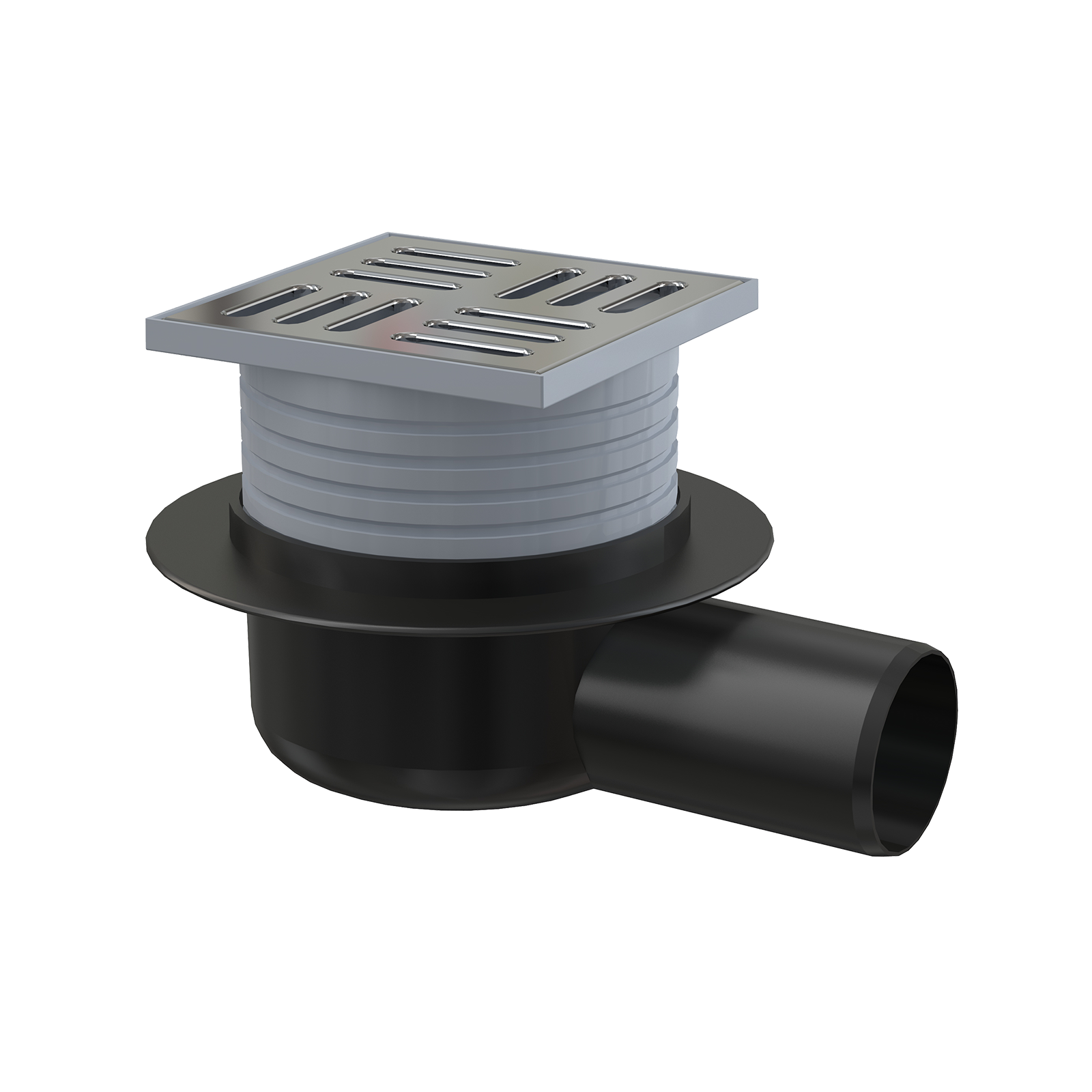 Alca Drain APV26 105x105 Chrome podni slivnik sa visinom ugradnje 77-113mm, mokrim sifonom, pokrivnom perforiranom rešetkom od nerđajućeg čelika debljine 5mm i horizontalnim odvodom Ø50mm