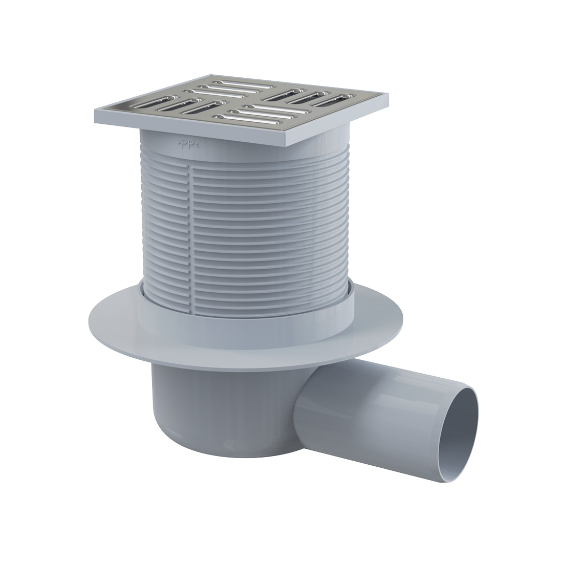 Alca Drain APV31 105x105 Chrome podni slivnik sa visinom ugradnje 88-174mm, Smart sifonom sa zatvaračem mirisa, pokrivnom perforiranom rešetkom od nerđajućeg čelika debljine 5mm i horizontalnim odvodom Ø50mm