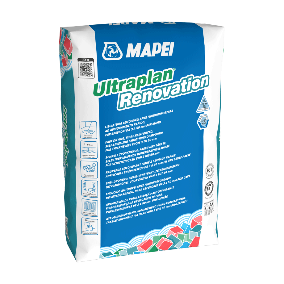 Mapei Ultraplan Renovation 25kg brzovezujuća, vlaknima ojačana samonivelišuća masa za unutrašnju upotrebu za debljine 3 - 50mm po sloju za izravnavanje i zaglađivanje (1,80kg/m²/mm)