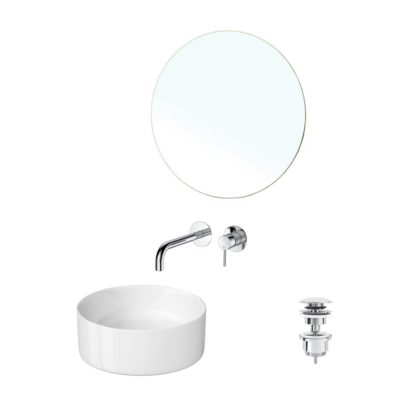Cersanit, Linni, Giusta i Rosan 4 u 1 set od belog nadgradnog lavaboa sa Chrome slivnikom, Chrome ugradne slavine i okruglog ogledala ø50cm