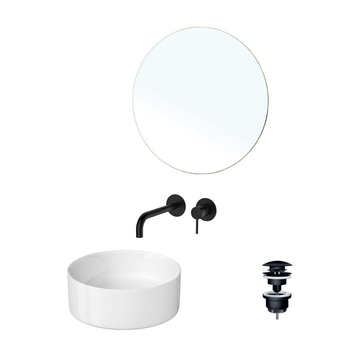 Cersanit, Linni, Giusta i Rosan 4 u 1 set od belog nadgradnog lavaboa sa mat crnim slivnikom, mat crne ugradne slavine i okruglog ogledala ø50cm