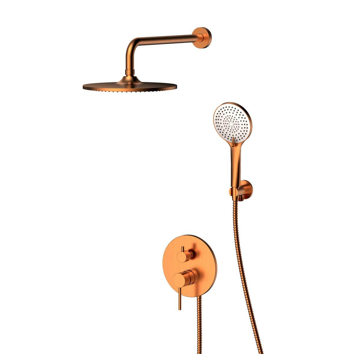 Giusta Ultima Copper Brushed mešač sa prebacivačem i integrisanim ugradnim telom, nadglavni tuš okrugli sa zidnim držačem i ručni tuš set sa zidnim priključkom sa integrisanim držačem 71301CB0