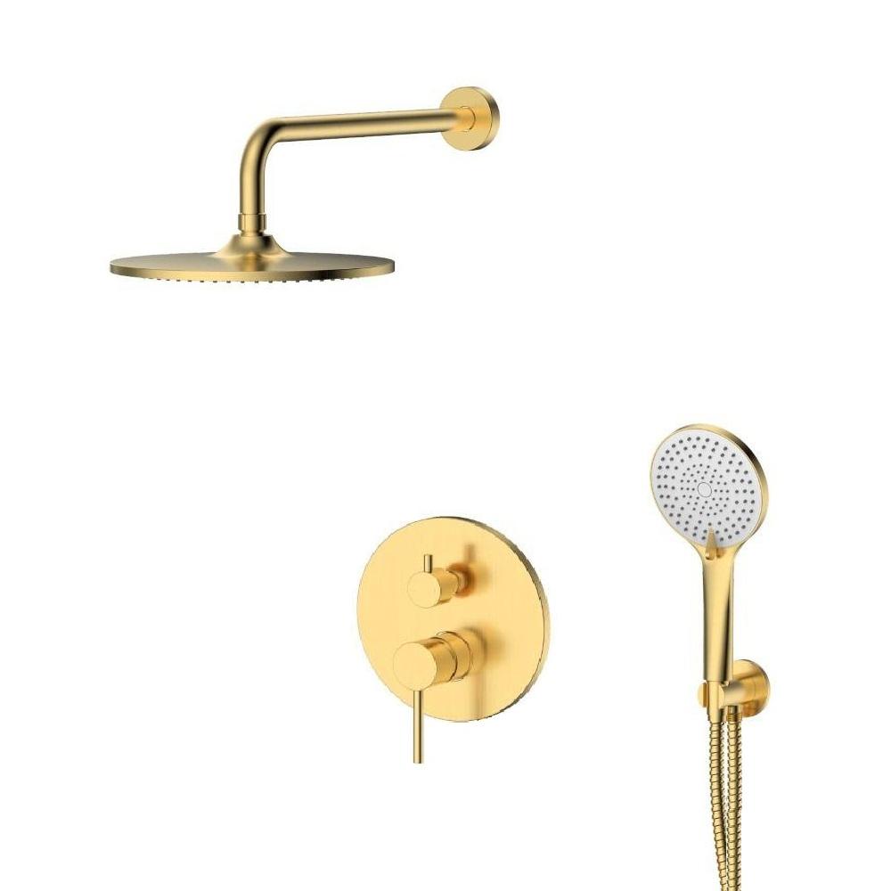 Giusta Ultima Gold Brushed mešač sa prebacivačem i integrisanim ugradnim telom, nadglavni tuš okrugli sa zidnim držačem i ručni tuš set sa zidnim priključkom sa integrisanim držačem 71301GB0