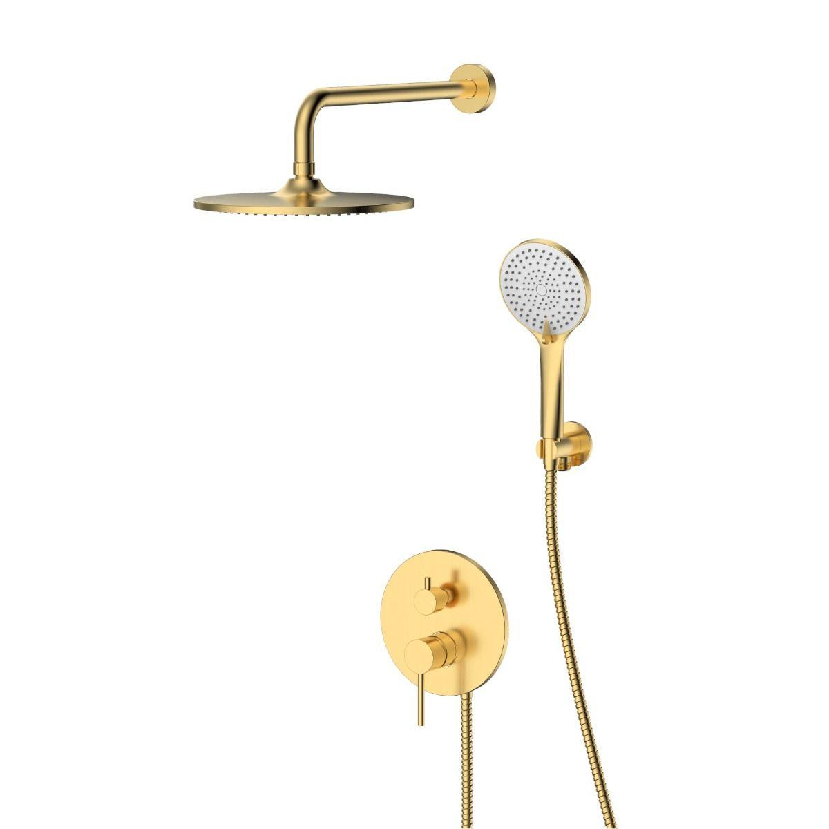 Giusta Ultima Gold Brushed mešač sa prebacivačem i integrisanim ugradnim telom, nadglavni tuš okrugli sa zidnim držačem i ručni tuš set sa zidnim priključkom sa integrisanim držačem 71301GB0