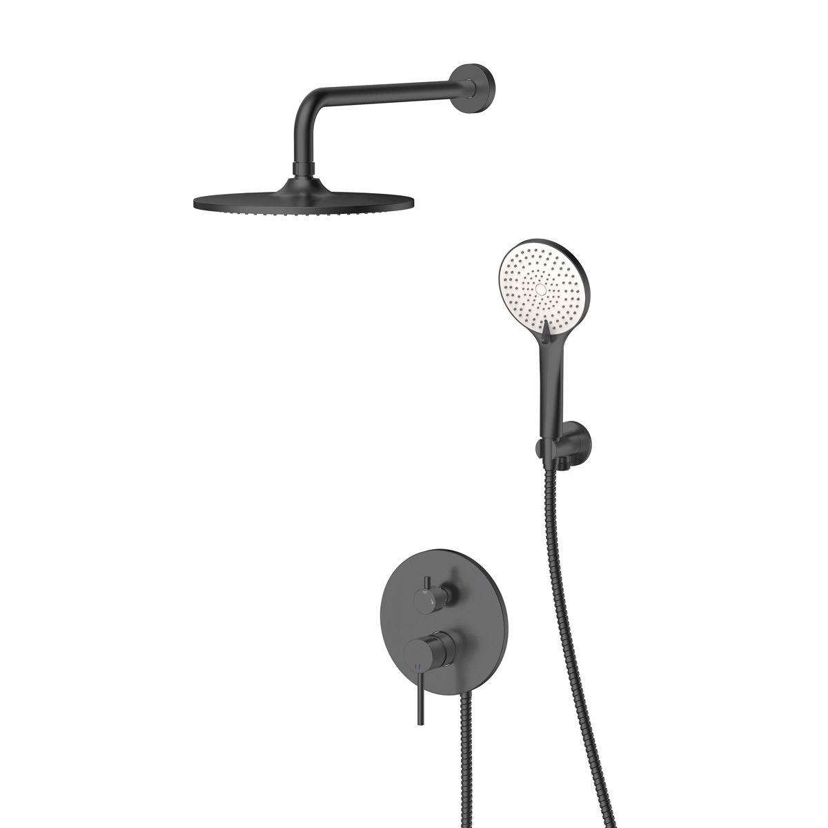 Giusta Ultima Gungrey mešač sa prebacivačem i integrisanim ugradnim telom, nadglavni tuš okrugli sa zidnim držačem i ručni tuš set sa zidnim priključkom sa integrisanim držačem 71301GG0