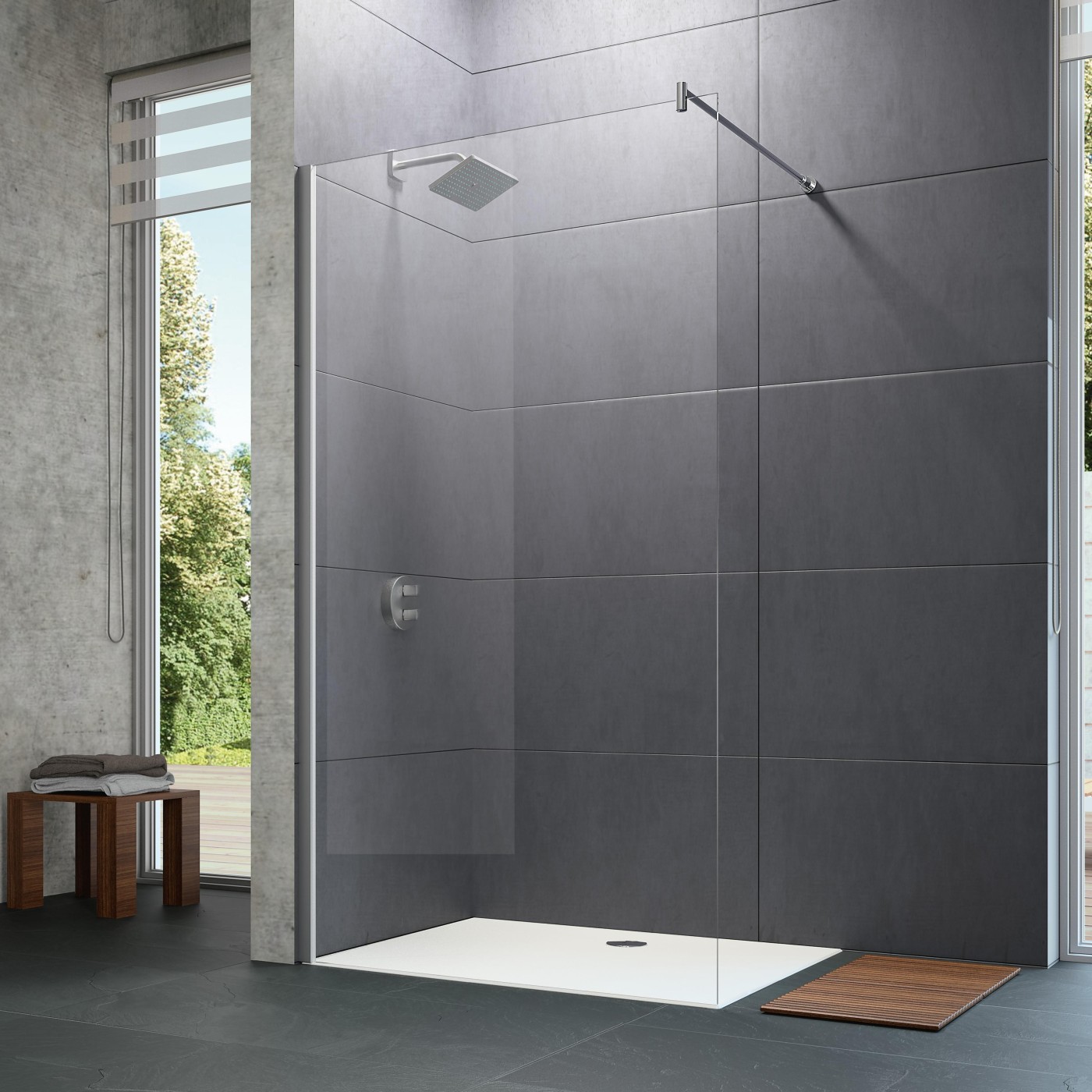 Hüppe Design Pure Walk-in 1100 Silver tuš paravan fiksni sa zidnim profilom i poprečnom šipkom visine 2000mm sa kaljenim providnim Anti-Plaque staklom debljine 6mm 8P1108.092.322