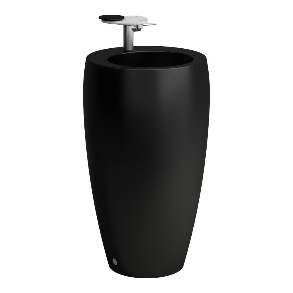 Laufen Il Bagno Alessi Black Matt umivaonik (lavabo) 53x53x90 samostojeci, okruglog oblika, sa prelivom i rupom za bateriju, keramickim poklopcem ventila sa integrisanim postoljem 8.1197.2.716.104.1