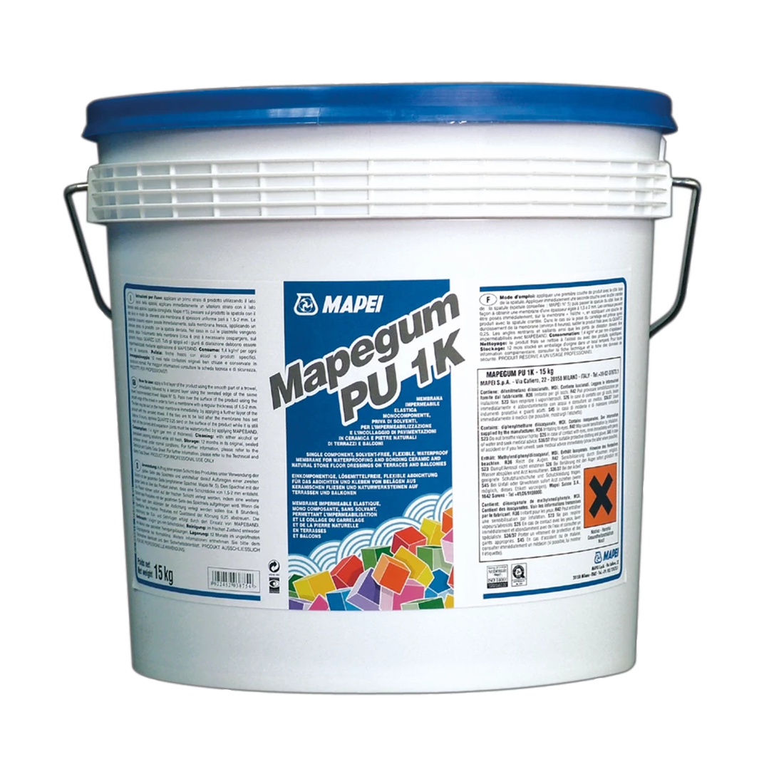Mapei Mapegum PU 1K 15kg jednokomponentna elastična membrana i lepak bez rastvarača za hidroizolaciju balkona i terasa (2,5-5kg/m<sup>2</sup>/mm)
