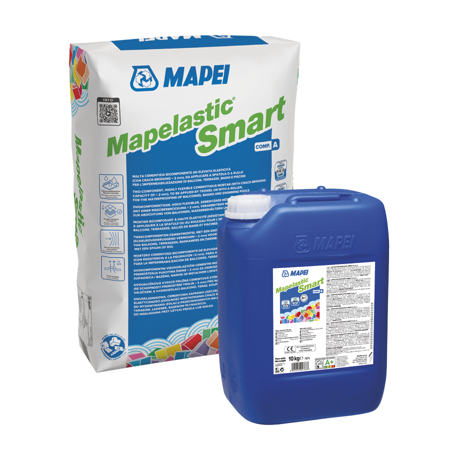 Mapei Mapelastic Smart 30kg dvokomponentna visokofleksibilna polimer-cementna masa za hidroizolaciju balkona, terasa, kupatila i bazena sa sposobnošću premošćavanja pukotina većih od 2mm širine (3,0 - 3,5kg/m²)