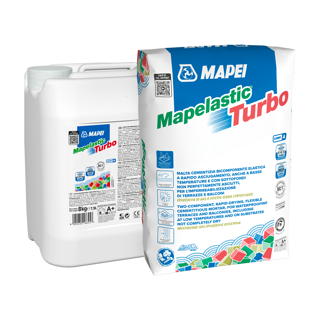Mapei Mapelastic Turbo 36kg dvokomponentna brzosušеća elastična cementna masa za hidroizolaciju balkona, terasa i bazena za minimalnu debljinu od 2mm u dva sloja sa ojačanjem između slojeva (2,4kg/m²)