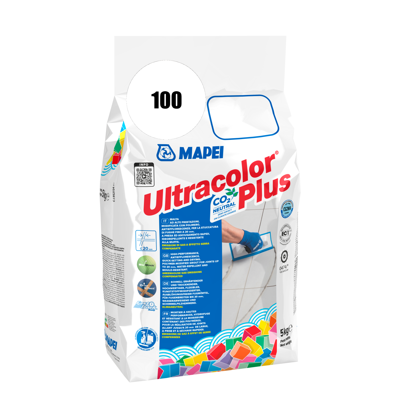 Mapei UltraColor Plus (100) White - bela 5kg cementna masa za fugovanje brzovezujuća i brzosušeća, vodoodbojna, otporna na buđ i iscvetavanje soli za fuge do 20mm