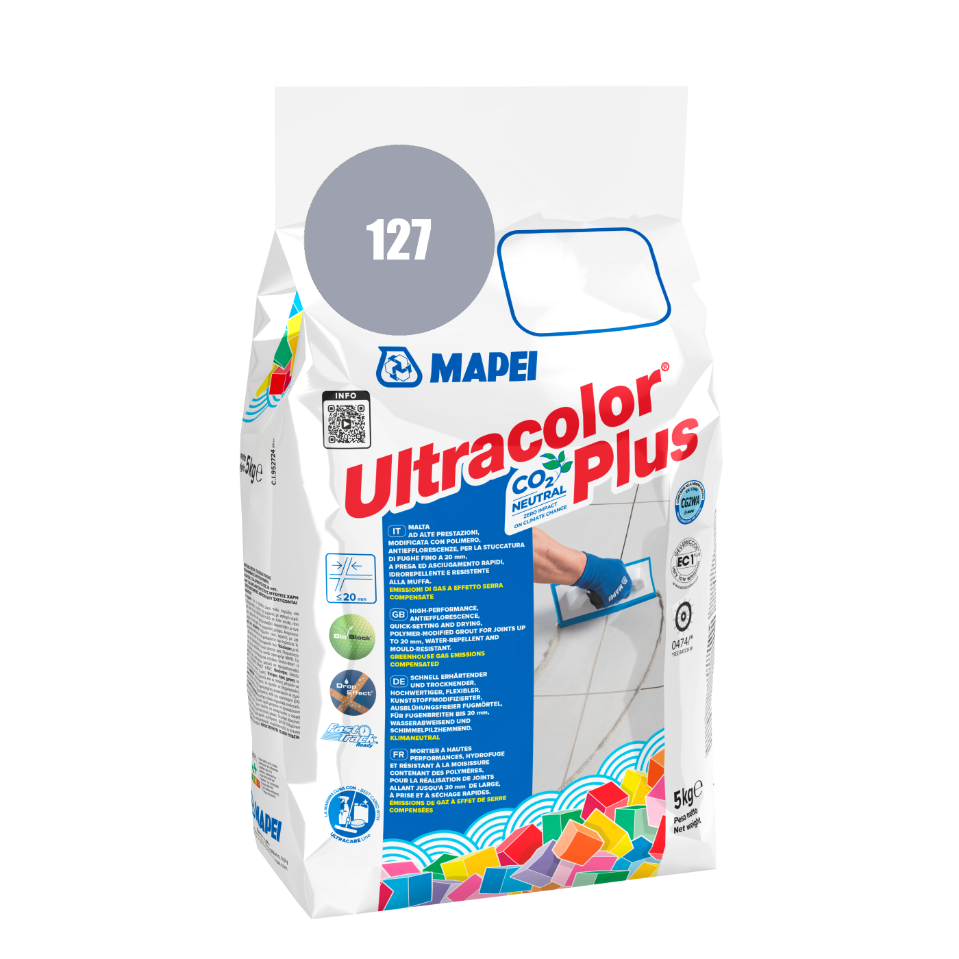 Mapei UltraColor Plus (127) Artic Grey - artik siva 5kg cementna masa za fugovanje brzovezujuća i brzosušeća, vodoodbojna, otporna na buđ i iscvetavanje soli za fuge do 20mm