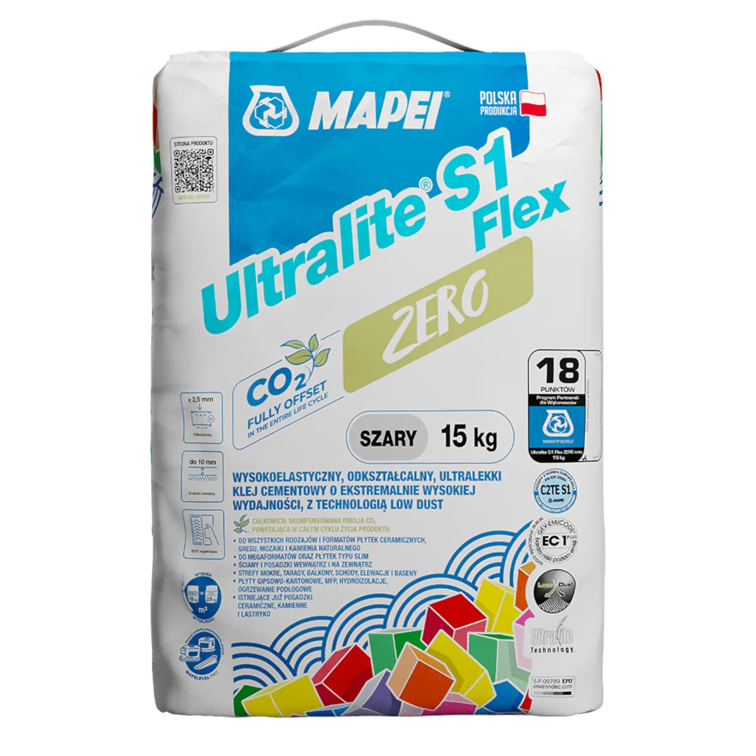 Mapei Ultralite S1 Flex Zero 15kg lepak za pločice deformabilni olakšani Low Dust otporan na klizanje sa produženim otvorenim vremenom sivi C2TE S1 (0,8kg/m<sup>2</sup>/mm)