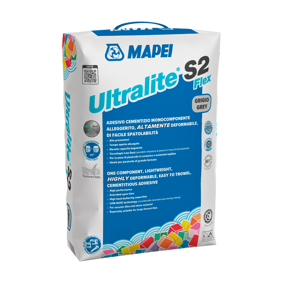 Mapei Ultralite S2 Flex 15kg lepak za pločice visoko deformabilni olakšani Low Dust sa produženim otvorenim vremenom sivi C2FE S2 (0,8kg/m<sup>2</sup>/mm)