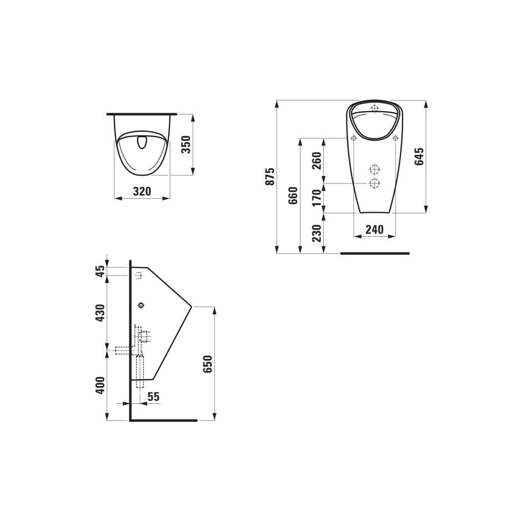 Laufen Caprino Plus Rimless White pisoar sa skrivenim dovodom i skrivenim odvodom (horizontalni ulaz i horizontalni/vertikalni izlaz) 32x35x64,5 sa setom za kačenje 8.4106.1.000.000.1