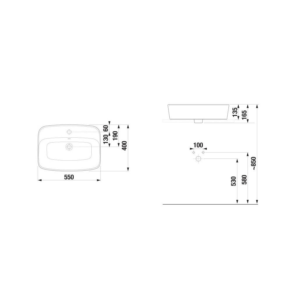 Jika Lyra Plus White umivaonik (lavabo) 55x40x13,5 nadgradni sa rupom za bateriju i prelivom 8.1838.2.000.104.1