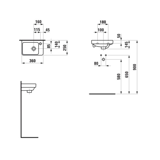 Laufen Pro S White umivaonik (lavabo) 36x25x5 konzolni sa rupom za bateriju desno i sa prelivom 8.1596.0.000.104.1