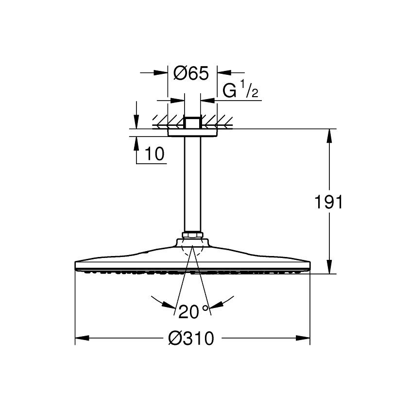 Grohe Rainshower Mono 310 Phantom Black nadglavni tuš okrugli sa 1 mlazom i držačem nadglavnog tuša plafonskim 22122KF0