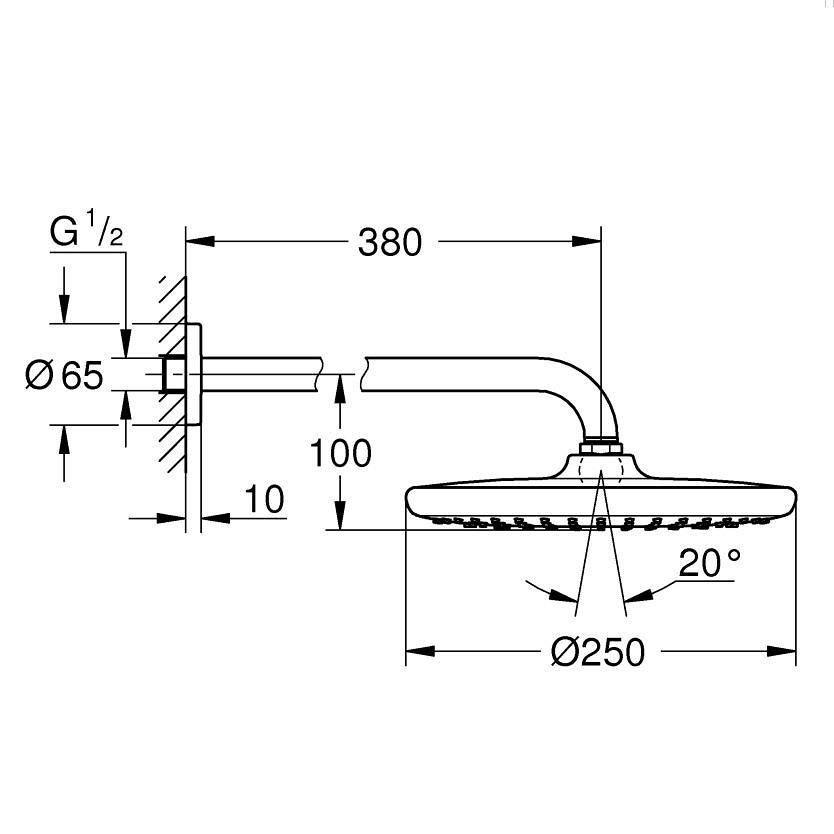 Grohe Tempesta 250 Phantom Black nadglavni tuš okrugli sa 1 mlazom i držačem nadglavnog tuša zidnim od  380mm 266682430