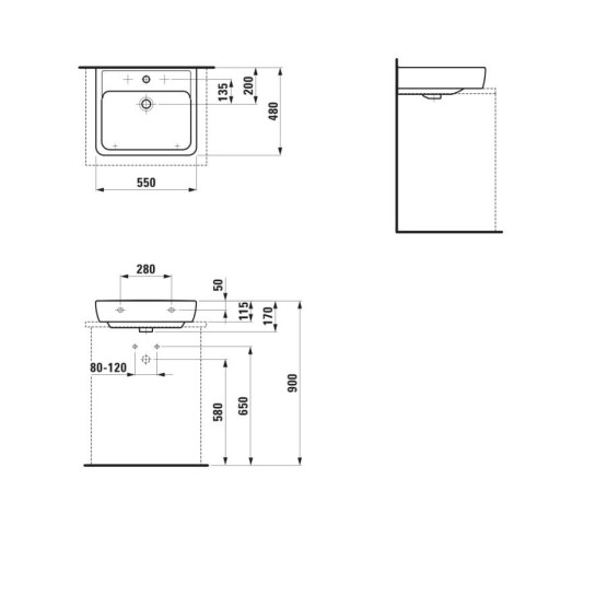 Laufen Pro White umivaonik (lavabo) 55x48x11,5 konzolni i nadgradni sa rupom za bateriju i prelivom 8.1795.1.000.104.1