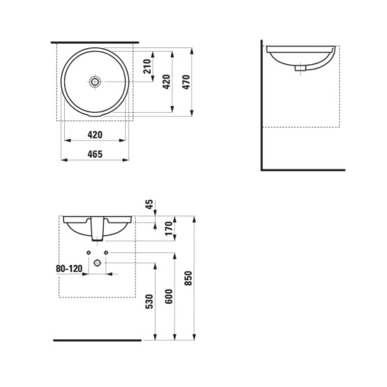 Laufen Pro B White umivaonik (lavabo) 46,5x47x17 podgradni okrugli sa prelivom 8.1896.1.000.109.1