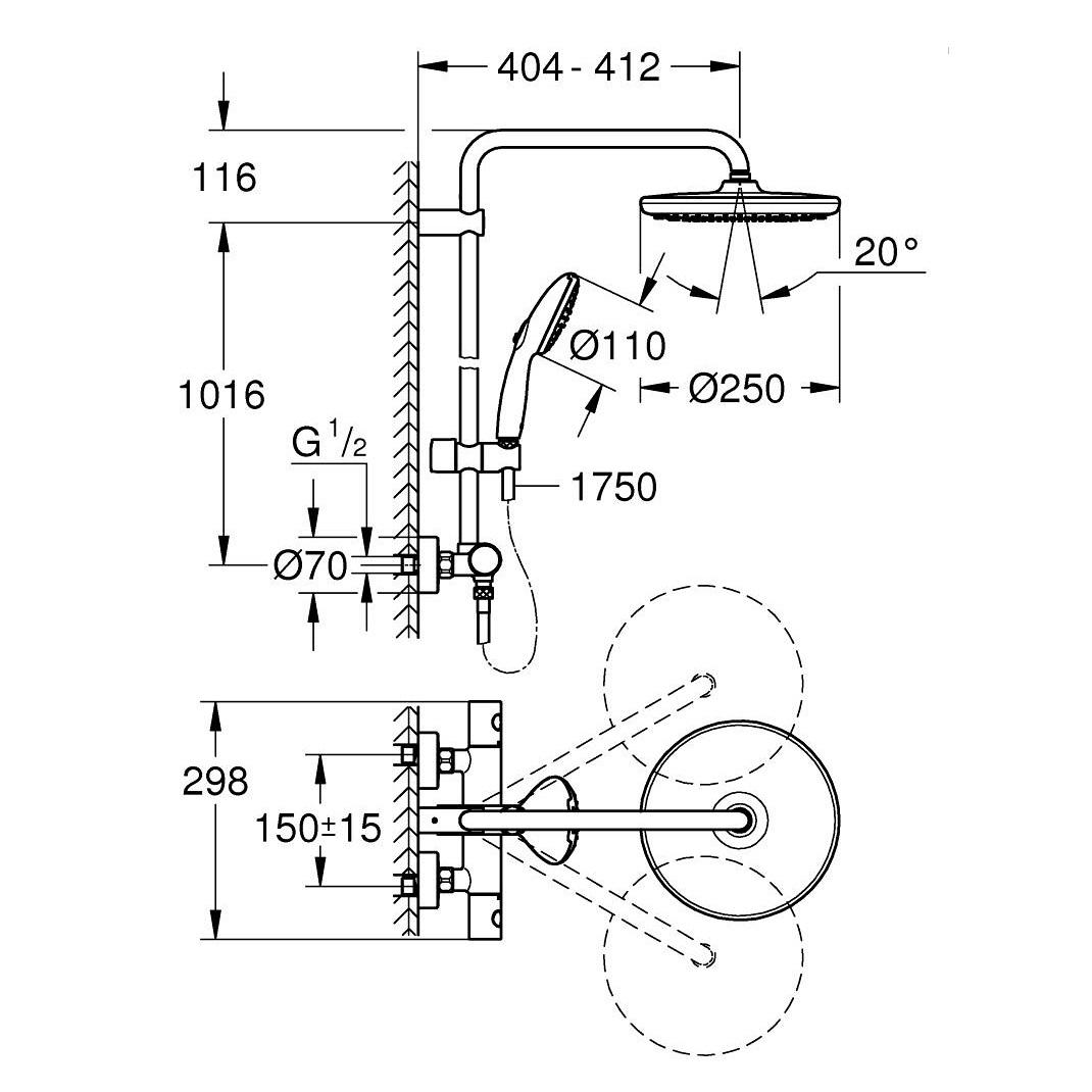 Grohe Tempesta System 250 Matt Black kompletni tuš sistem usponski sa baterijom, okruglim nadglavnim tušem i ručnim tuš setom sa kliznim držačem 266702431