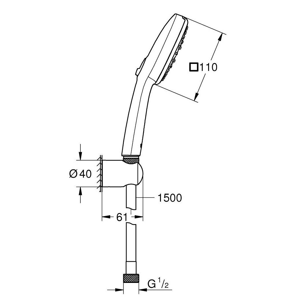 Grohe Tempesta Cube 110 Chrome Set ručni tuš sa 3 mlaza četvrtasti, zidni priključak za crevo sa integrisanim držačem za tuš i Relexaflex 1500 crevo za tuš 27588003