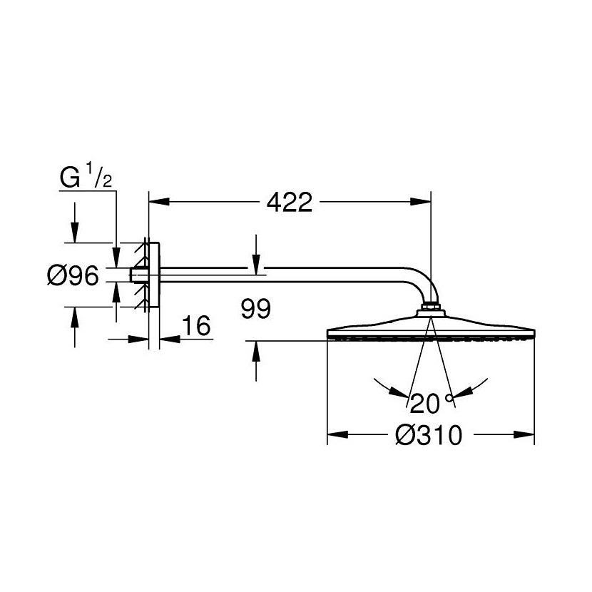 Grohe Rainshower Mono 310 Phantom Black nadglavni tuš okrugli sa 1 mlazom i držačem nadglavnog tuša zidnim od 422mm 22121KF0